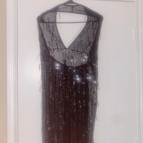 Porrcey NWOT maxi black halter back shimmering sequin mesh V neck gown sz xL - Picture 4 of 9